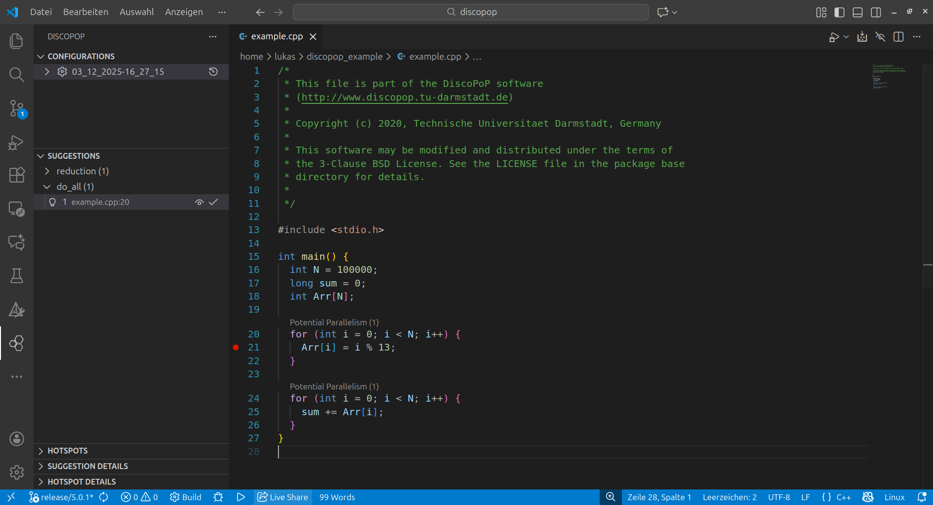 Suggestions in the DiscoPoP VS Code extension