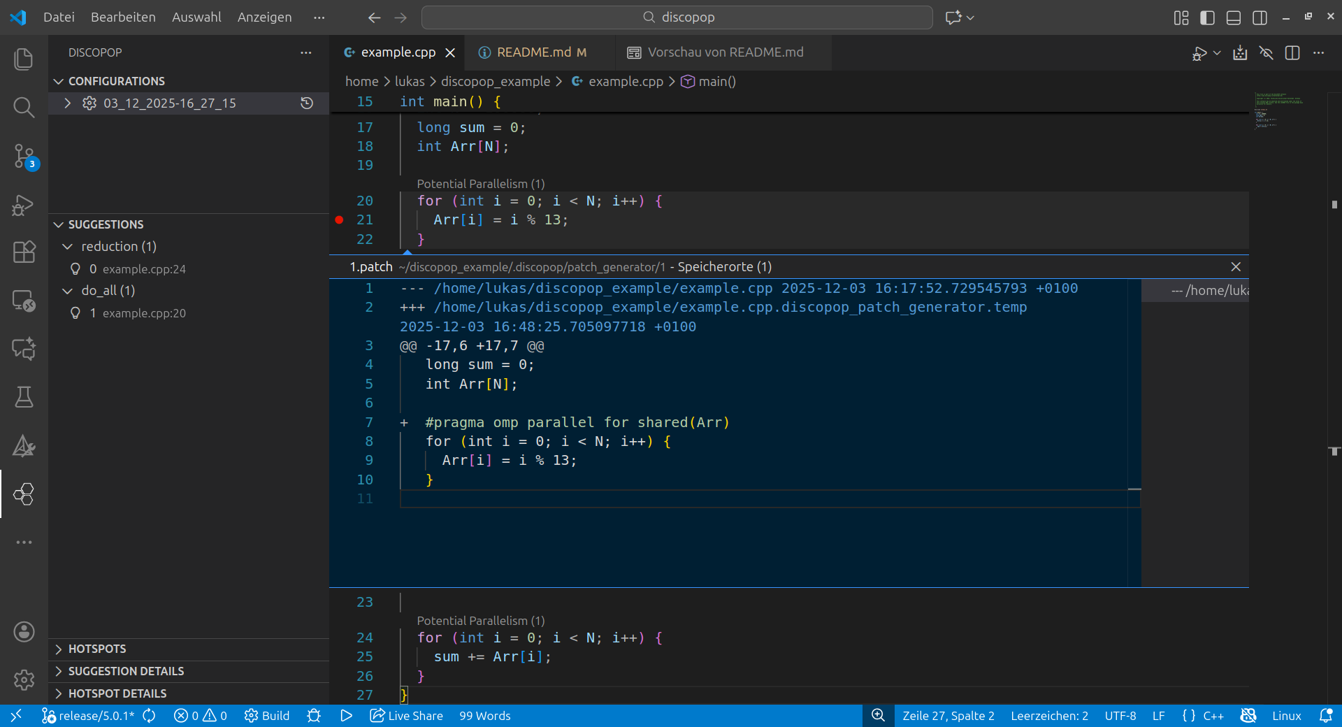 Screenshot of the suggestion preview in the DiscoPoP VSCode Extension